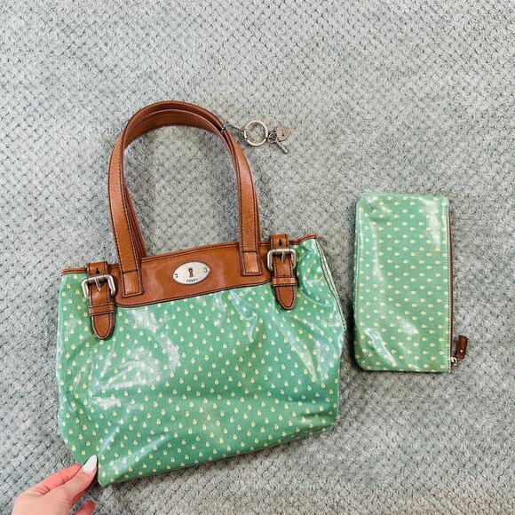 VINTAGE FOSSIL KEY PER JADE GREEN COATED CANVAS LEATHER TOTE BAG & WALLET - Picture 5 of 6